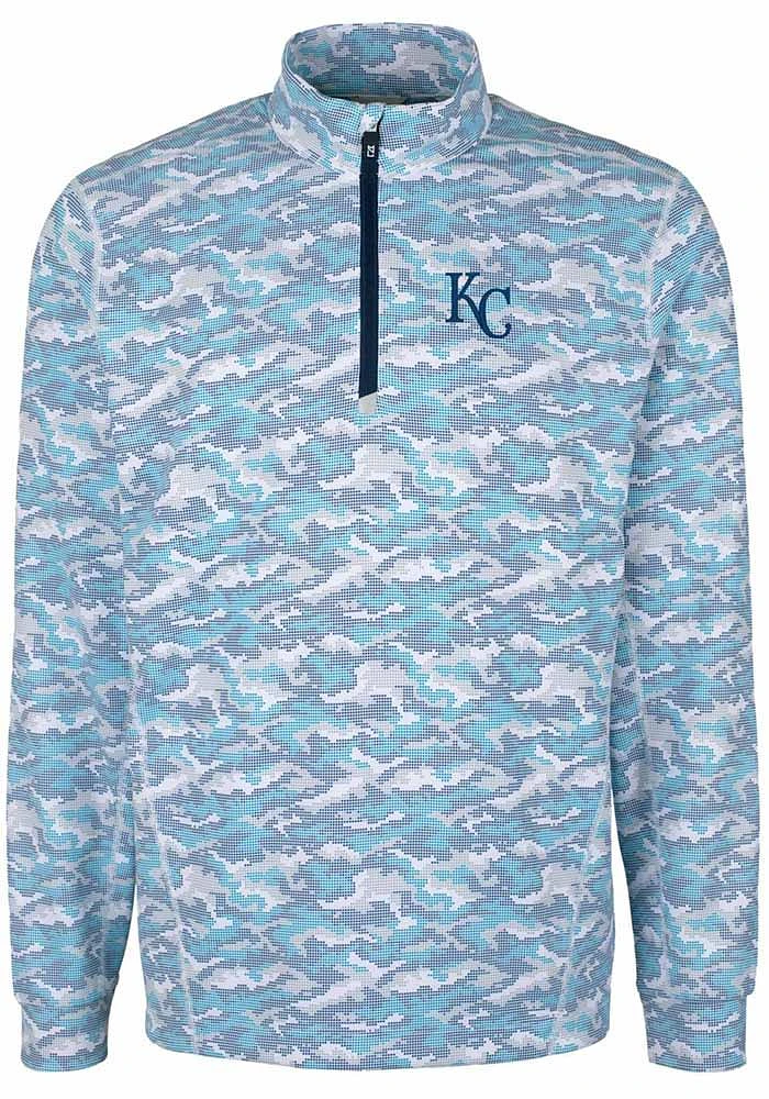 Cutter and Buck Kansas City Royals Mens Blue Traverse Camo Print Stretch Long Sleeve Qtr Zip Pullo..