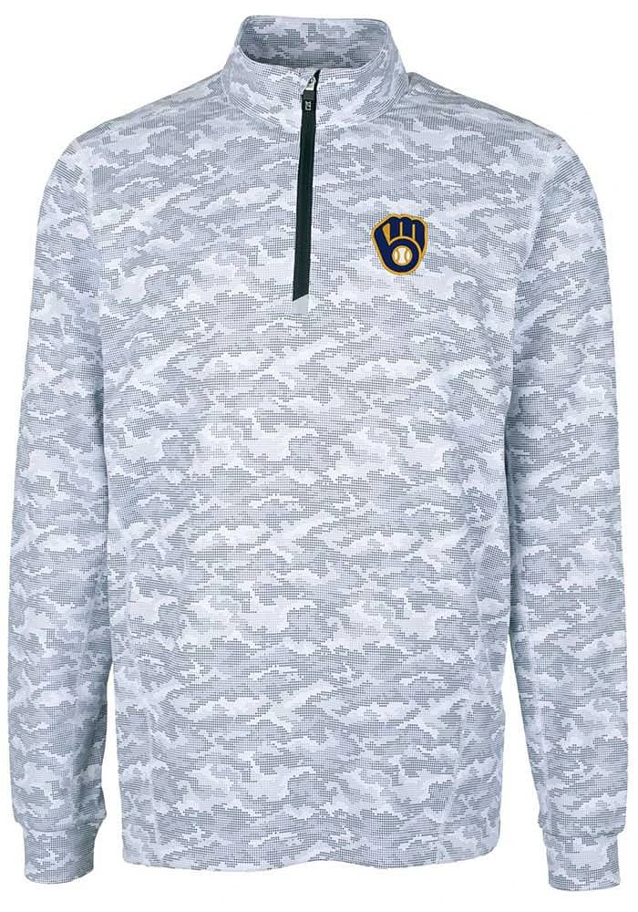 Cutter and Buck Milwaukee Brewers Mens Charcoal Traverse Camo Print Stretch Long Sleeve Qtr Zip ..