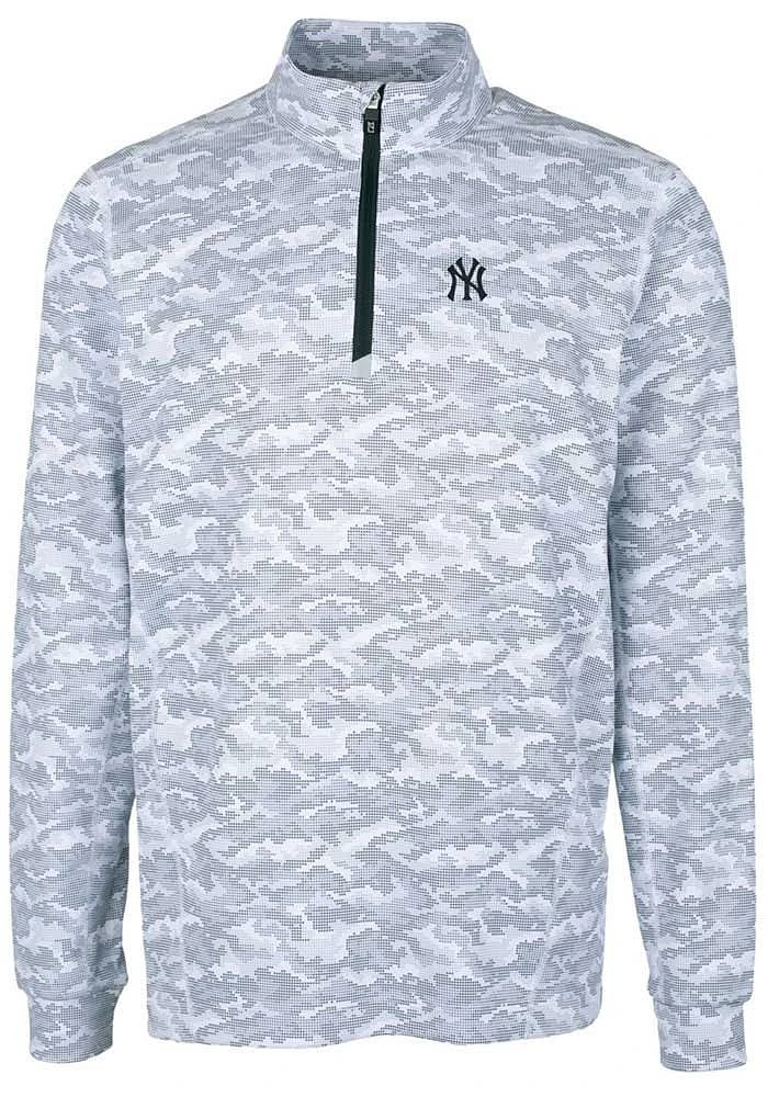 Cutter and Buck New York Yankees Mens Charcoal Traverse Camo Print Stretch Long Sleeve Qtr Zip P..