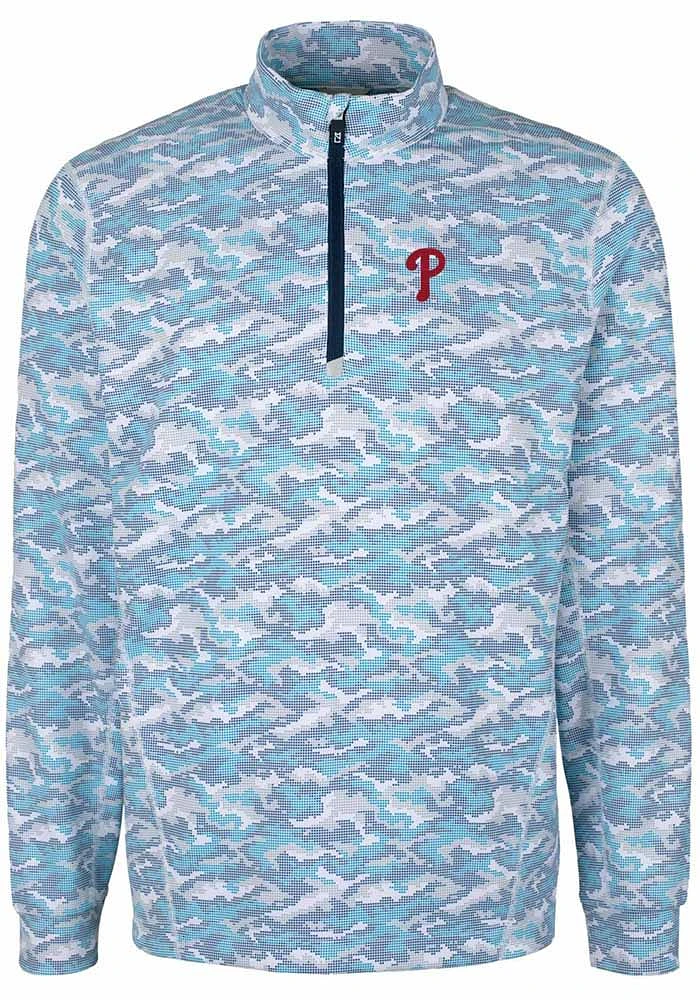 Cutter and Buck Philadelphia Phillies Mens Blue Traverse Camo Print Stretch Long Sleeve Qtr Zip Pu..