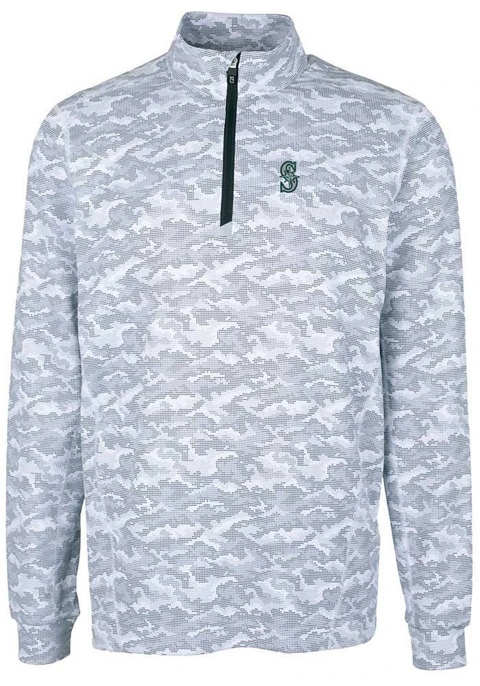 Cutter and Buck Seattle Mariners Mens Charcoal Traverse Camo Print Stretch Long Sleeve Qtr Zip P..