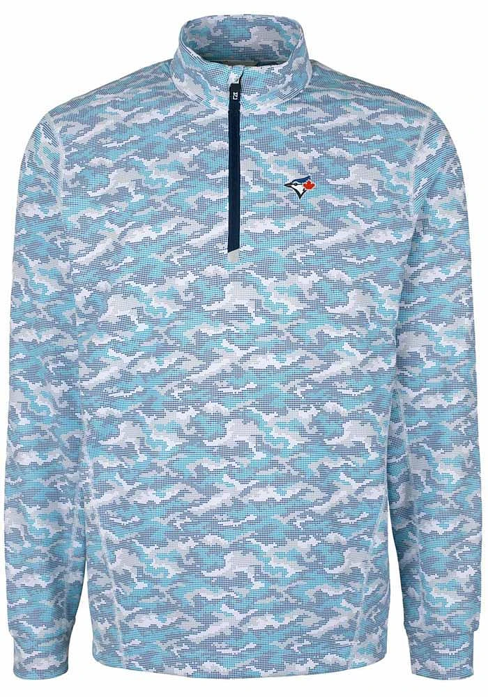 Cutter and Buck Toronto Blue Jays Mens Traverse Camo Print Stretch Long Sleeve Qtr Zip Pull..