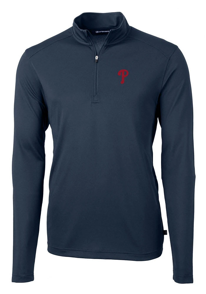 Cutter and Buck Philadelphia Phillies Mens Navy Blue Virtue Eco Pique Long Sleeve Qtr Zip Pullover