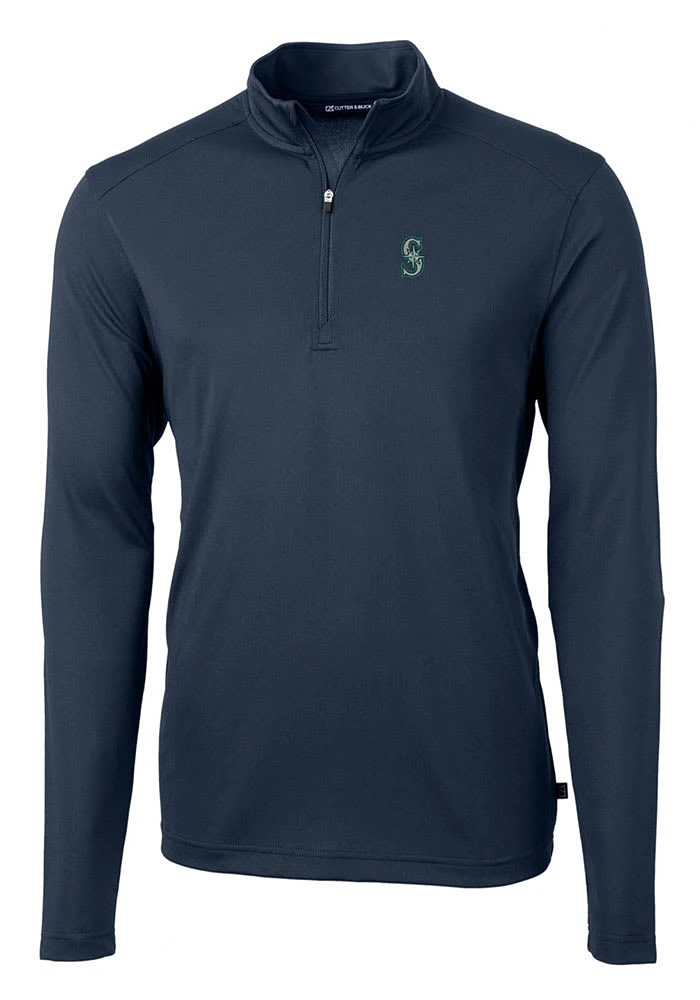 Cutter and Buck Seattle Mariners Mens Navy Blue Virtue Eco Pique Long Sleeve Qtr Zip Pullover