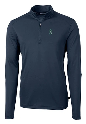Cutter and Buck Seattle Mariners Mens Navy Blue Virtue Eco Pique Long Sleeve Qtr Zip Pullover