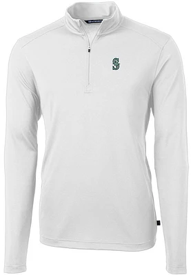 Cutter and Buck Seattle Mariners Mens White Virtue Eco Pique Long Sleeve Qtr Zip Pullover