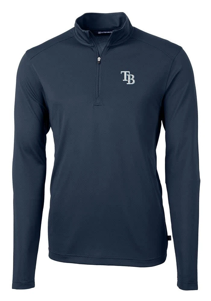 Cutter and Buck Tampa Bay Rays Mens Navy Blue Virtue Eco Pique Long Sleeve Qtr Zip Pullover