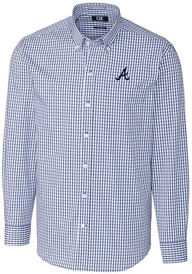 Cutter and Buck Atlanta Braves Mens Blue Easy Care Gingham Long Sleeve Dress Shirt