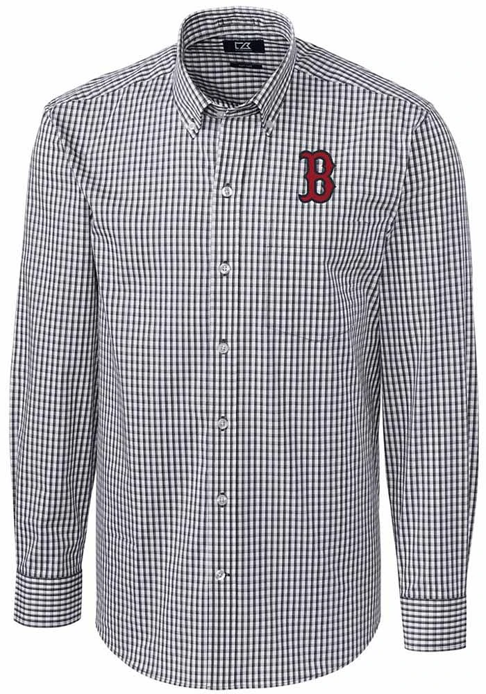 Cutter and Buck Boston Red Sox Mens Charcoal Easy Care Gingham Long Sleeve Dress Shirt