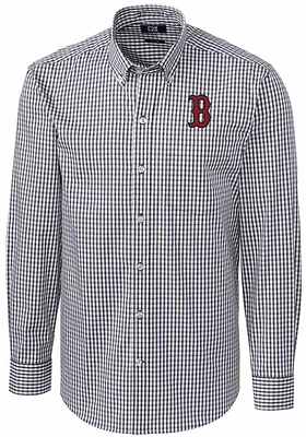 Cutter and Buck Boston Red Sox Mens Charcoal Easy Care Gingham Long Sleeve Dress Shirt