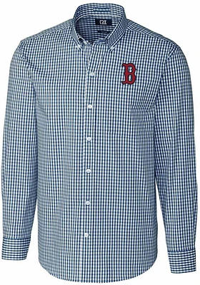 Cutter and Buck Boston Red Sox Mens Navy Blue Easy Care Gingham Long Sleeve Dress Shirt