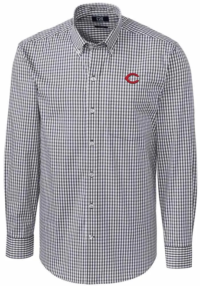 Cutter and Buck Cincinnati Reds Mens Charcoal Easy Care Gingham Long Sleeve Dress Shirt