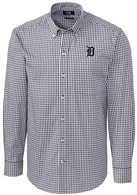 Cutter and Buck Detroit Tigers Mens Charcoal Easy Care Gingham Long Sleeve Dress Shirt