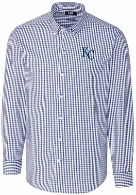 Cutter and Buck Kansas City Royals Mens Blue Easy Care Gingham Long Sleeve Dress Shirt