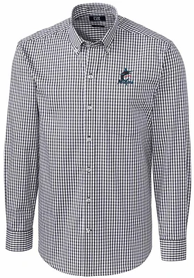 Cutter and Buck Miami Marlins Mens Charcoal Easy Care Gingham Long Sleeve Dress Shirt
