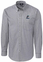Cutter and Buck Miami Marlins Mens Charcoal Easy Care Gingham Long Sleeve Dress Shirt