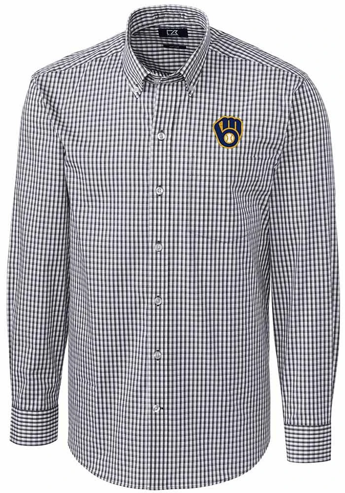 Cutter and Buck Milwaukee Brewers Mens Charcoal Easy Care Gingham Long Sleeve Dress Shirt
