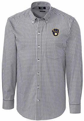 Cutter and Buck Milwaukee Brewers Mens Charcoal Easy Care Gingham Long Sleeve Dress Shirt