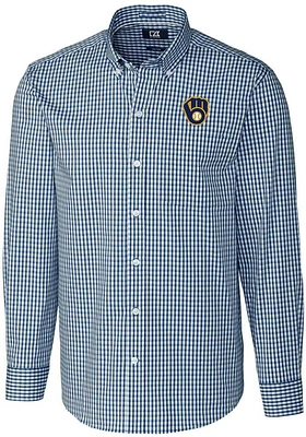 Cutter and Buck Milwaukee Brewers Mens Navy Blue Easy Care Gingham Long Sleeve Dress Shirt