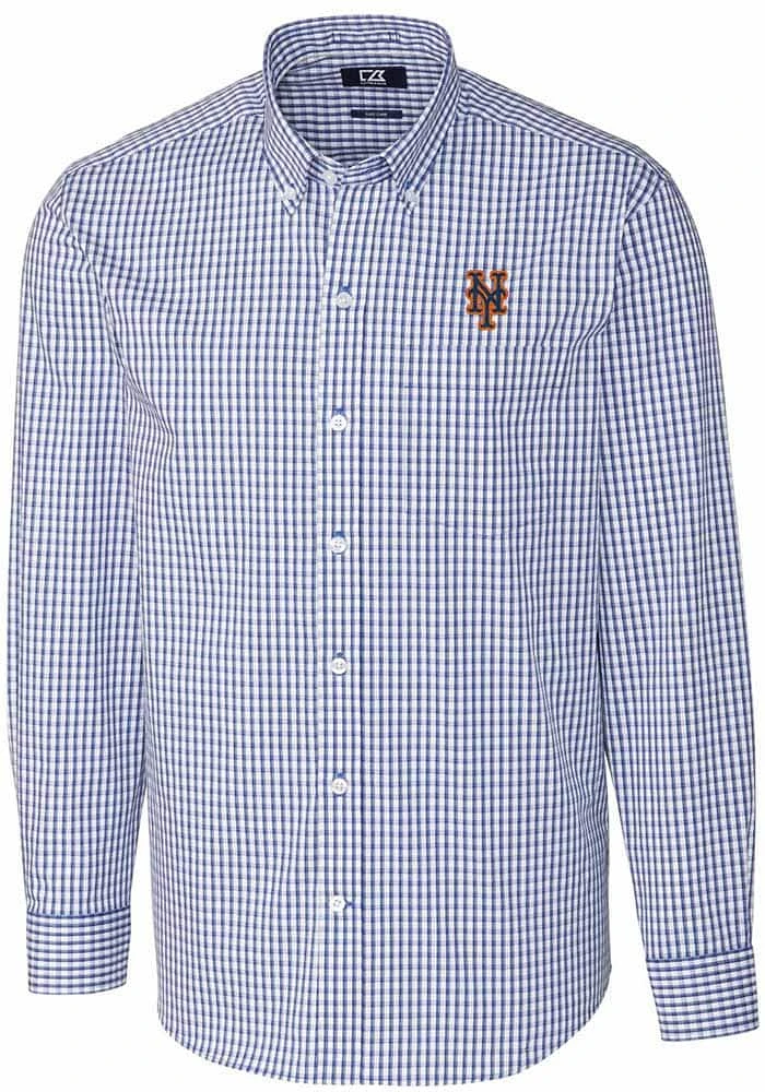 Cutter and Buck New York Mets Mens Blue Easy Care Gingham Long Sleeve Dress Shirt