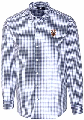 Cutter and Buck New York Mets Mens Blue Easy Care Gingham Long Sleeve Dress Shirt