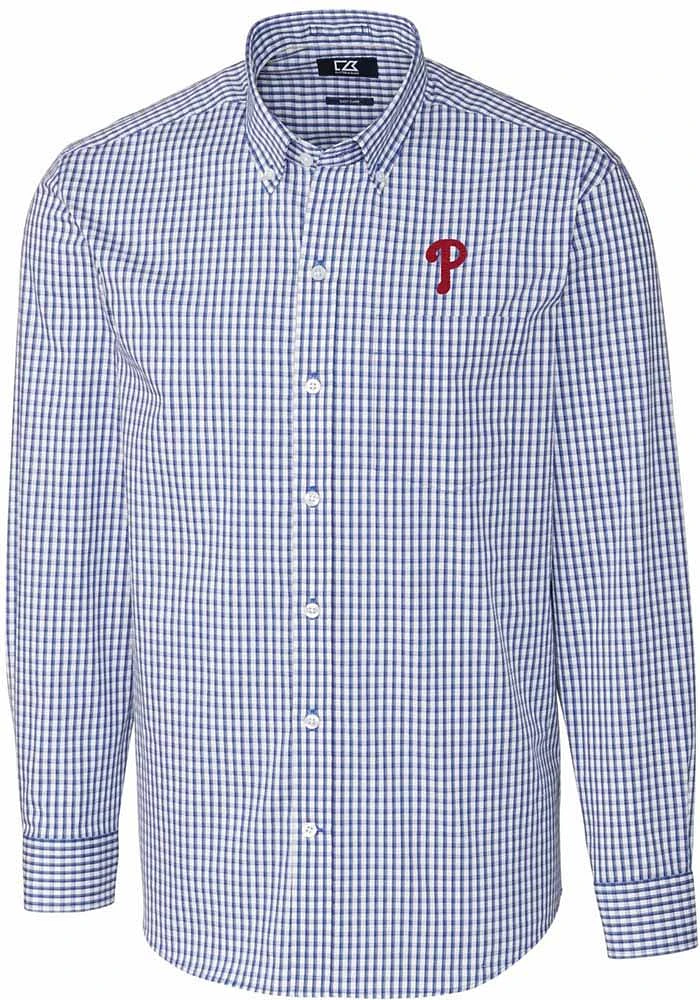 Cutter and Buck Philadelphia Phillies Mens Blue Easy Care Gingham Long Sleeve Dress Shirt