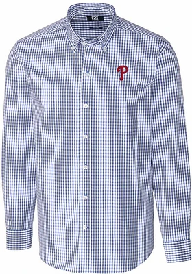 Cutter and Buck Philadelphia Phillies Mens Blue Easy Care Gingham Long Sleeve Dress Shirt