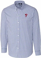 Cutter and Buck Philadelphia Phillies Mens Blue Easy Care Gingham Long Sleeve Dress Shirt