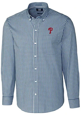 Cutter and Buck Philadelphia Phillies Mens Navy Blue Easy Care Gingham Long Sleeve Dress Shirt