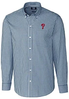 Cutter and Buck Philadelphia Phillies Mens Navy Blue Easy Care Gingham Long Sleeve Dress Shirt