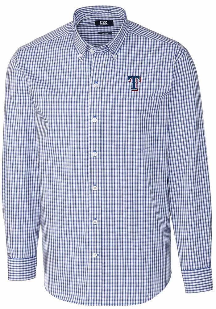 Cutter and Buck Texas Rangers Mens Blue Easy Care Gingham Long Sleeve Dress Shirt