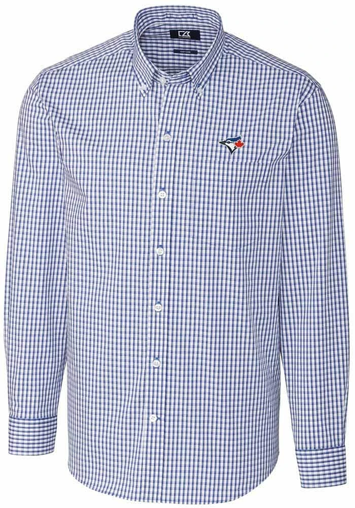 Cutter and Buck Toronto Blue Jays Mens Easy Care Gingham Long Sleeve Dress Shirt