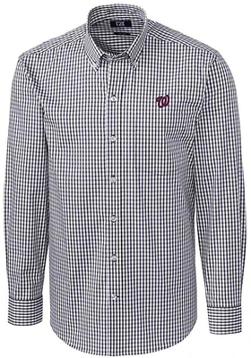 Cutter and Buck Washington Nationals Mens Charcoal Easy Care Gingham Long Sleeve Dress Shirt