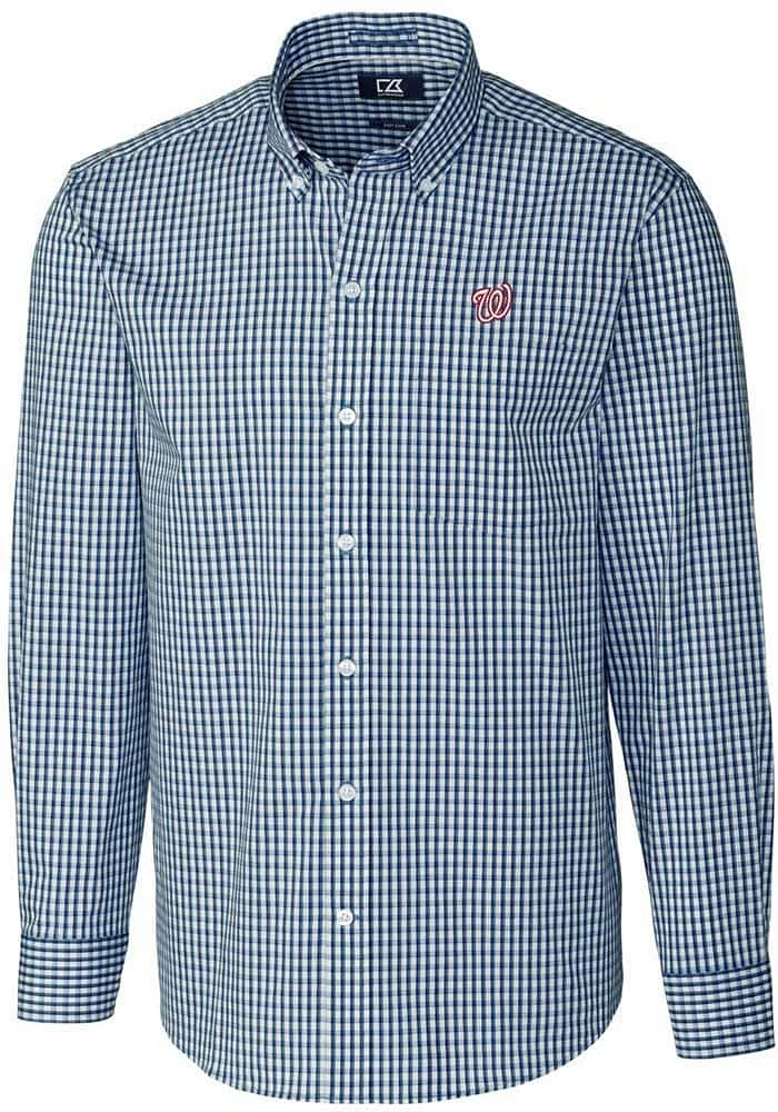 Cutter and Buck Washington Nationals Mens Navy Blue Easy Care Gingham Long Sleeve Dress Shirt