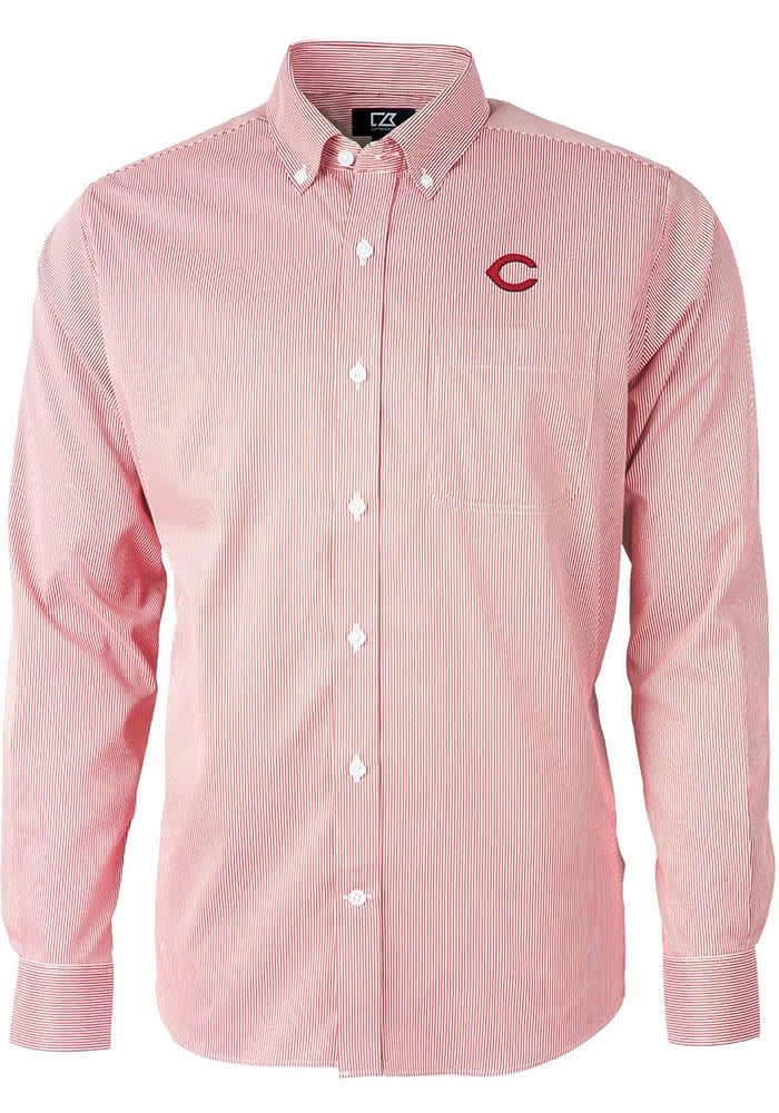 Cutter and Buck Cincinnati Reds Mens Red Versatech Pinstripe Long Sleeve Dress Shirt