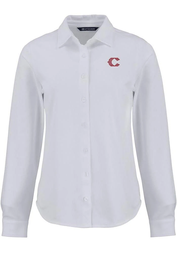 Cutter and Buck Cincinnati Reds Womens City Connect Advantage Soft Pique Long Sleeve White Dress..