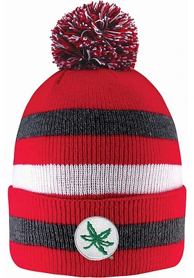 LogoFit Ohio State Buckeyes Red Primetime Striped Pom Mens Knit Hat