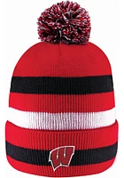 LogoFit Wisconsin Badgers Red Primetime Striped Pom Mens Knit Hat