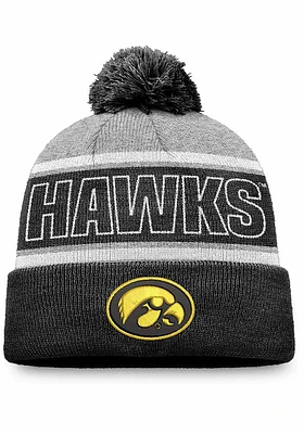 Top of the World Iowa Hawkeyes Grey Primary Stripe Crown Cuff Pom Mens Knit Hat