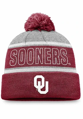Top of the World Oklahoma Sooners Grey Primary Stripe Crown Cuff Pom Mens Knit Hat