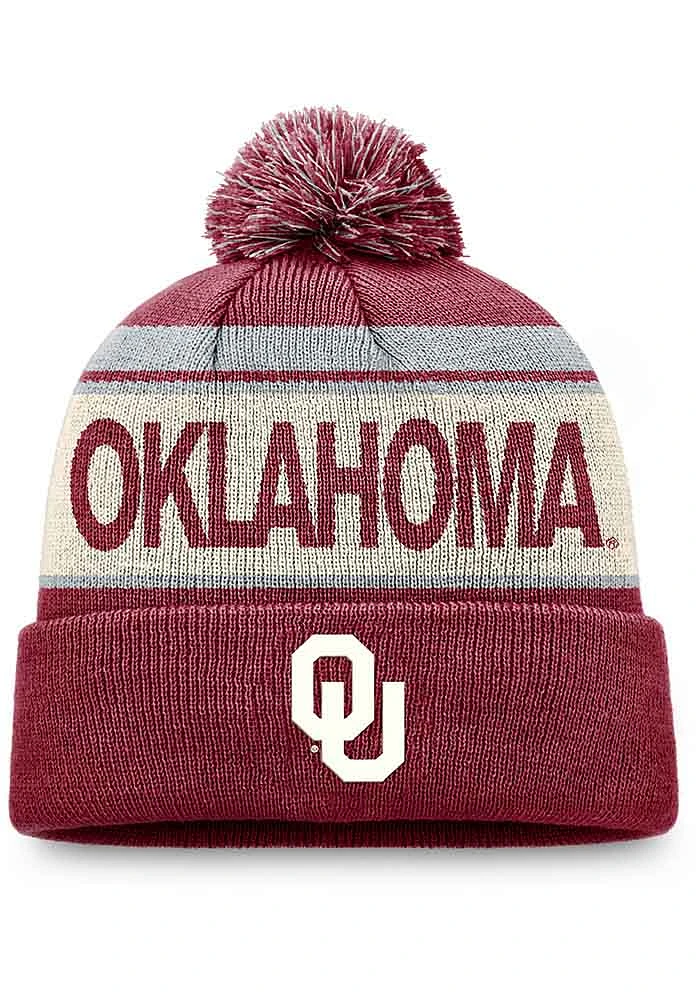 Top of the World Oklahoma Sooners Crimson Primary Cream Stripe Cuff Pom Mens Knit Hat