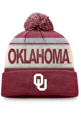 Top of the World Oklahoma Sooners Crimson Primary Cream Stripe Cuff Pom Mens Knit Hat