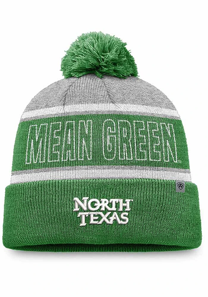 Top of the World North Texas Mean Green Grey Primary Stripe Crown Cuff Pom Mens Knit Hat