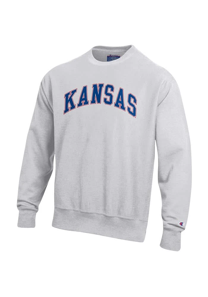 Champion Kansas Jayhawks Mens Grey Wordmark Reverse Weave Long Sleeve Crew Sweatshirt