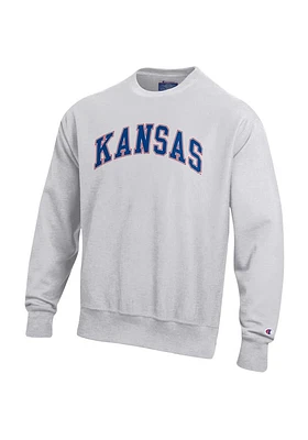 Champion Kansas Jayhawks Mens Grey Wordmark Reverse Weave Long Sleeve Crew Sweatshirt