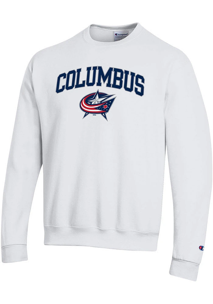 Champion Columbus Blue Jackets Mens White Arched Mascot Long Sleeve Crew Sweatshirt