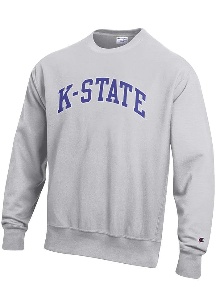 Champion K-State Wildcats Mens Grey Reverse Weave Wordmark Long Sleeve Crew Sweatshirt