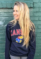 Champion Kansas Jayhawks Mens Navy Blue Arch Mascot Long Sleeve Crew Sweatshirt