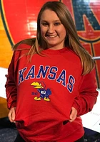 Champion Kansas Jayhawks Mens Red Arch Mascot 41 Jayhawk Long Sleeve Crew Sweatshirt