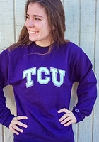 Champion TCU Horned Frogs Mens Purple Wordmark Arch Long Sleeve Crew Sweatshirt